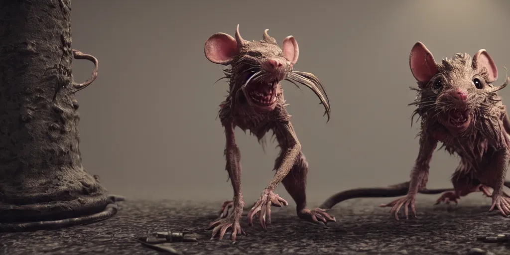 Image similar to a highly detailed photographic render of a humanoid rat creature, rat man, horror sci-fi, horro science fiction, biology, horror, beautifully lit, ray traced, octane 3D render, octane render, unreal engine