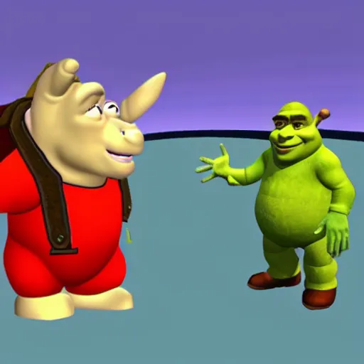 Image similar to shrek wearing clothes as a character in super mario 6 4