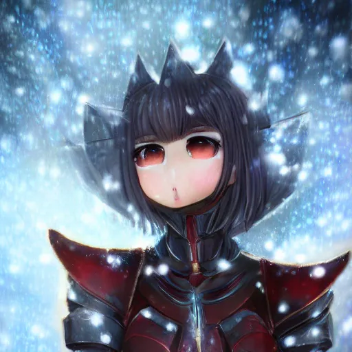 Prompt: portrait focus of knight beautiful 3D anime girl, meat armor wearing, dark forest background, snowing, bokeh, inspired by Masami Kurumada, digital painting, high contrast, unreal engine render, volumetric lighting, high détail