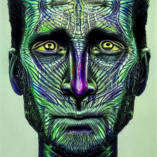 Image similar to dark portrait of one Bioluminescent old shaman, with cracked reaction diffusion semi-transparent skin. multicolored fish scales, closeup. long dark hair with insects. realistic. intricate, very detailed, by alex grey and Moebius