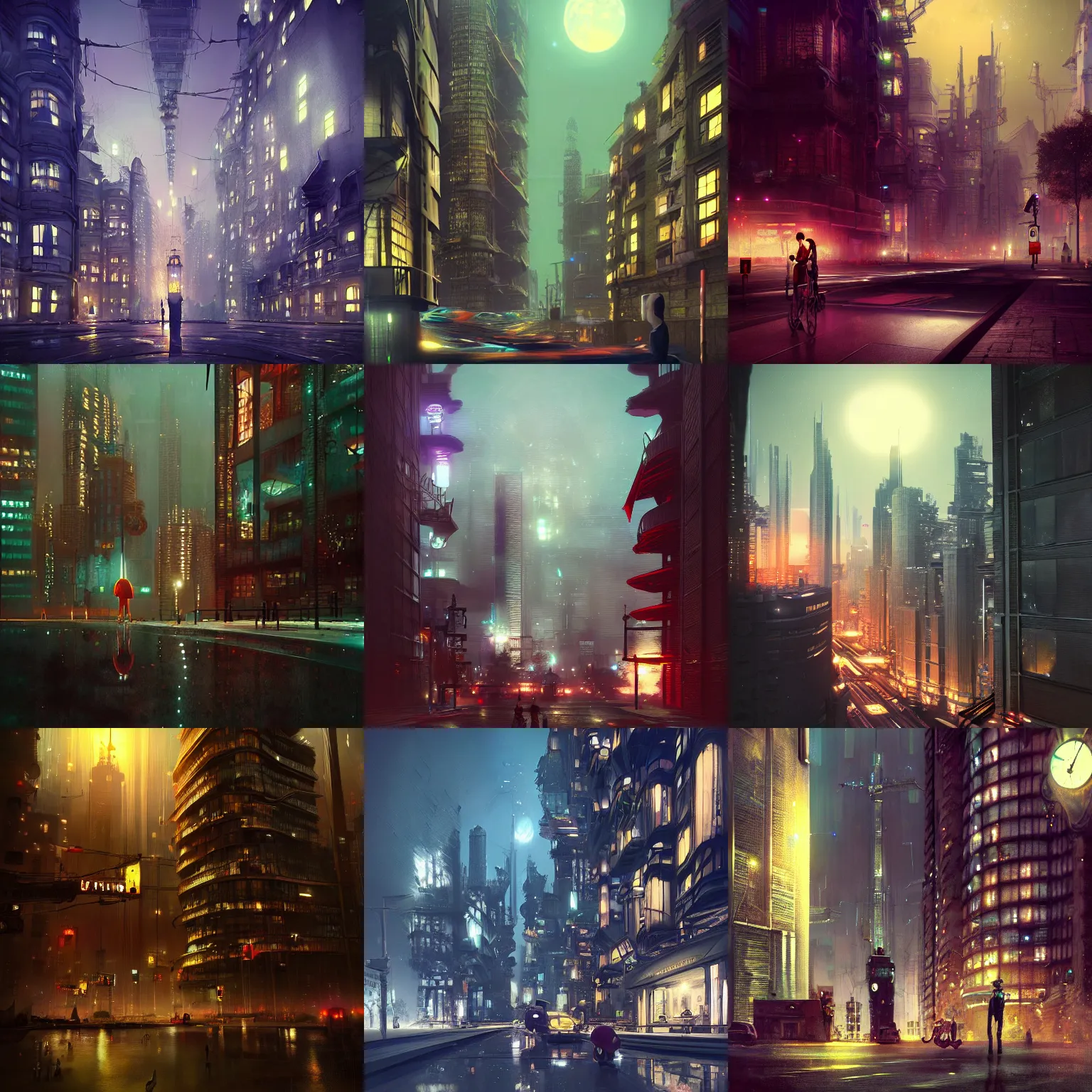 Prompt: futuristic cityscape at night, cinematic lighting, buildings designed by Ray Caesar, artstation