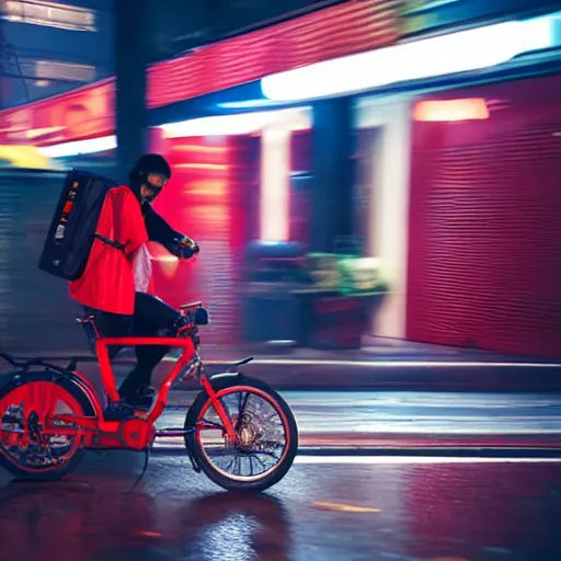 Image similar to food delivery driver with red backpack and futuristic rocket bike working in a rainy night in a cyberpunk city in cyberpunk style