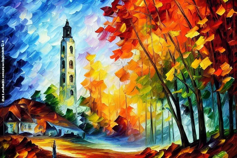 Prompt: the evil overlords tower rises above the gnarled woods in the mountain valley by Leonid Afremov