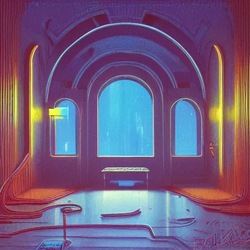 Prompt: 80s interior with arched windows, neon rain outside, cinematic, cyberpunk, lofi, calming, dramatic, fantasy, by Moebius, by zdzisław beksiński, Fantasy LUT, high contrast, sci-fi, dreamlike, surreal, angelic, cinematic, 8k, oil painting, hyper realistic, fantasy concept art,
