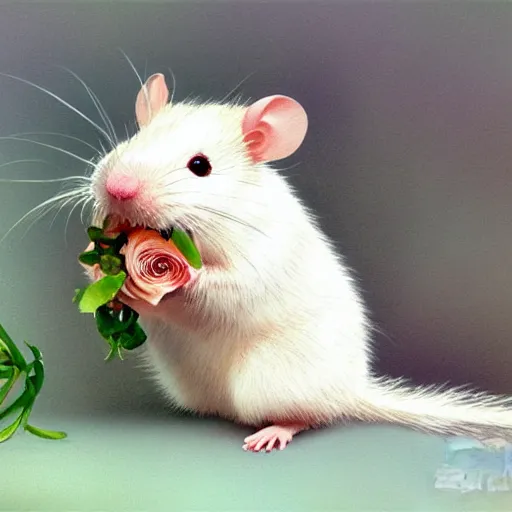 Image similar to photo realistic white rat holding a flower cinematic composition, hyper realism, cute