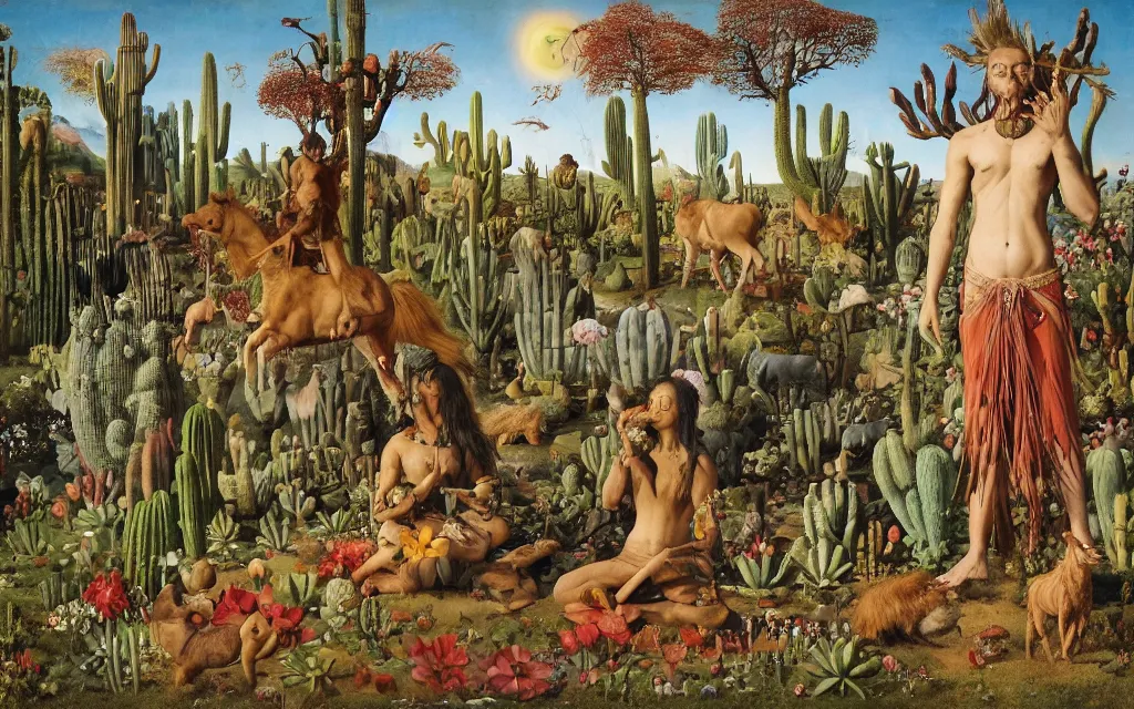 Image similar to photograph of a meditating centaur shaman and a striped werewolf feeding animals. surrounded by bulbous flowers, cacti, animals and a few trees. river delta with cliffs under a blue sky of burning stars. painted by jan van eyck, max ernst, ernst haeckel, ernst fuchs and artgerm. trending on artstation, trending on cgsociety