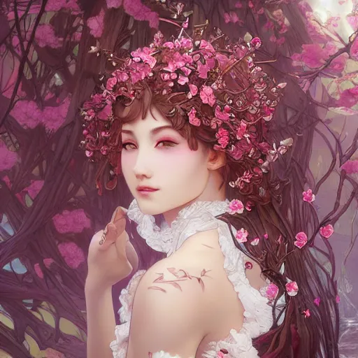 Image similar to a photograpic portrait of a anthropomorphic cherry-blossom wearing white clothes, fantasy, intricate, elegant, highly detailed, digital painting, artstation, concept art, smooth, sharp focus, illustration, art by artgerm and H R Giger and alphonse mucha