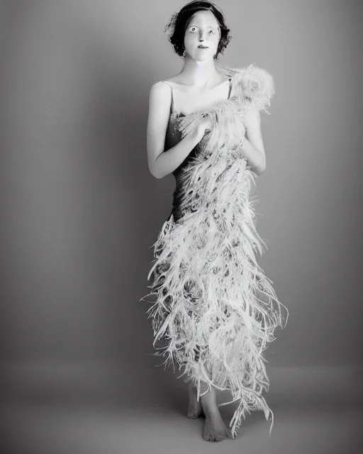 Image similar to beautiful woman with a dress of feathers photo 3 5 mm, studio light