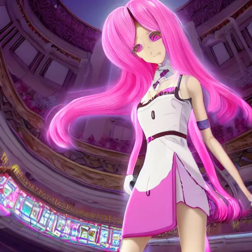 Prompt: trapped by stunningly beautiful omnipotent megalomaniacal anime asi goddess with symmetrical perfect face and porcelain skin, pink twintail hair and cyan eyes, taking control while smiling, inside her surreal vr castle, hyperdetailed, digital art from danganronpa, unreal engine 5, 2 d anime style, 8 k