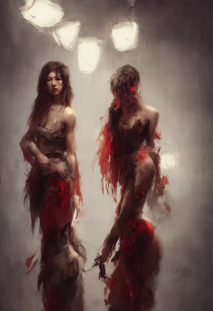 Image similar to full body portrait of a duo of 2 1 years old girl figures, messy hair, oriental tattoos, bespoke tailoring, beautiful, dramatic, cinematic lighting, few fire red highlights, by jeremy mann and greg rutkowski, oil on canvas, artstation, pixiv