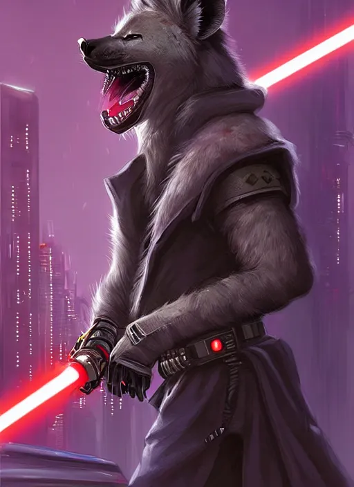 Image similar to beautiful portrait commission of a male furry anthro hyena fursona wearing jedi robes and wielding a red lightsaber in a cyberpunk city at night in the rain. character design by charlie bowater, ross tran, artgerm, and makoto shinkai, detailed, inked, western comic book art