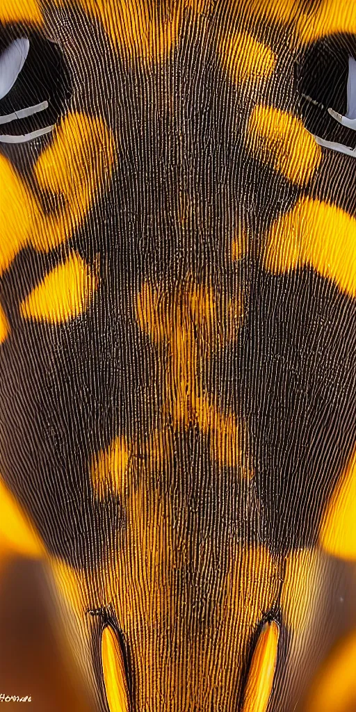 Image similar to a perfect symmetrical macrophoto of the face of a vespa bellutina, 7 0 mm macro lens, soft flash light