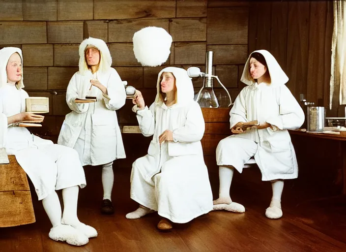 Prompt: realistic photo of a group of medieval female scientists wearing white shorts, beautiful faces covered with white plates, watching at a levitating fluffy furry cloud, in a living room laboratory with many wooden gadgets made of wood interior is made of wood 1 9 9 0, life magazine reportage photo, natural colors