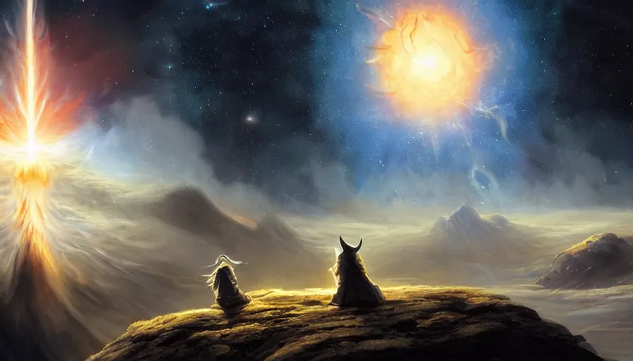 Prompt: a beautiful painting of gandalf watching a giant star going supernova in the sky of an alien world, ray traced lighting by jean kalin popov and greg rutkowski