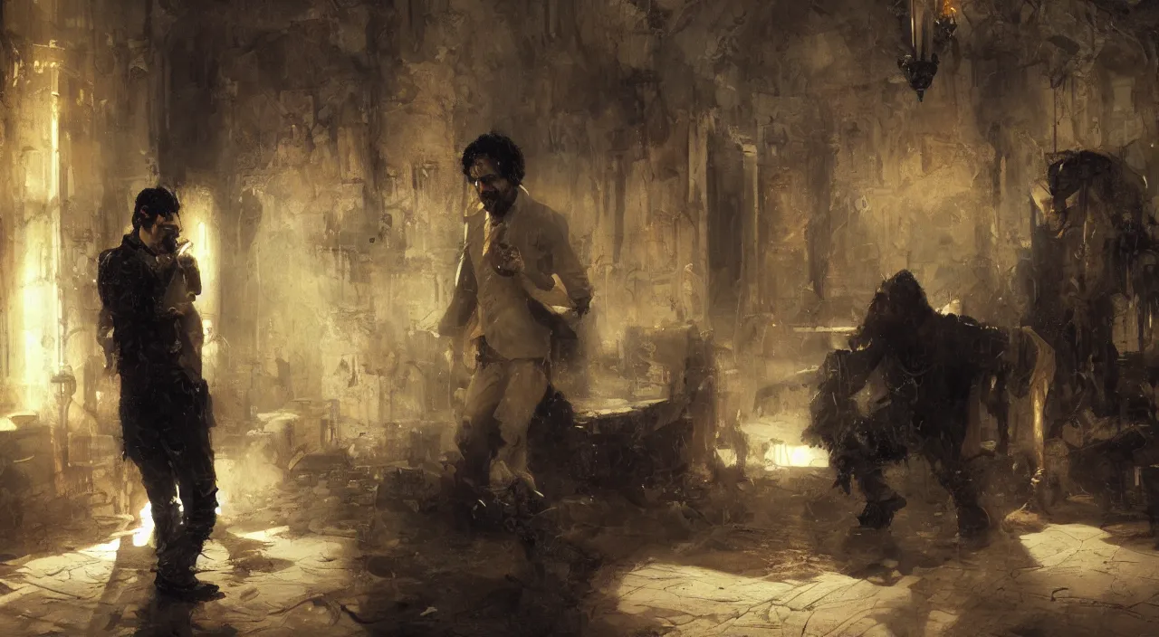 Prompt: one man with black hair and beard, wearing a black jacket, white shirt and jeans, trying to desperately escape a white, dimly lit room, highly detailed painting by gaston bussiere, craig mullins, 8 k