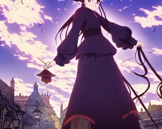Prompt: ( majo no tabitabi ), key anime visual portrait of a young female witch walking through a busy medieval village, dynamic pose, dynamic perspective, cinematic, dramatic lighting, detailed silhouette, anime proportions, perfect anime, yoh yoshinari, ( violet evergarden )
