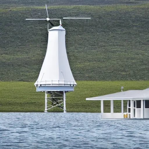 Prompt: a modern white electric offshore windmill that is also a house for people to live on the windmill. There is also a houseboat on the water that connects to the windmill -i -n 4 -s 50