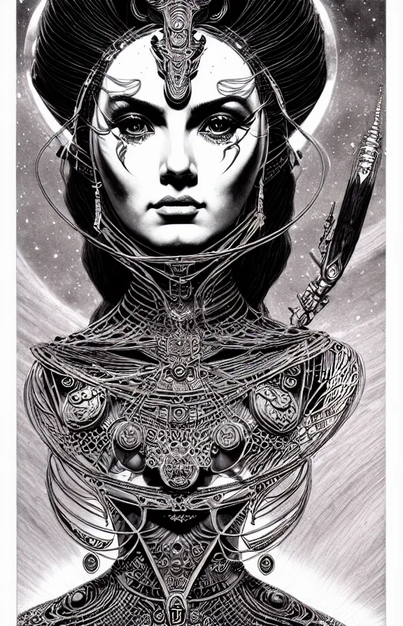 Image similar to ancient goddess, extremely detailed, bold line art, by vincent di fate and joe fenton and artgerm, oizys, inking, etching, screen print, inkblots of color, masterpiece, trending on artstation, sharp, high contrast, hyper realistic, hd, 4 k, 8 k