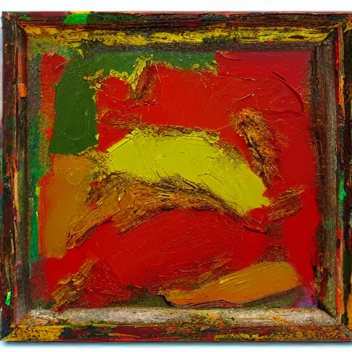 Image similar to oil paint impasto relief, large red and green shiny apple dull naples yellow background, multi layered thick brush marks, some splattered paint, in the style of ivan shishkin and frank auerbach and van gogh