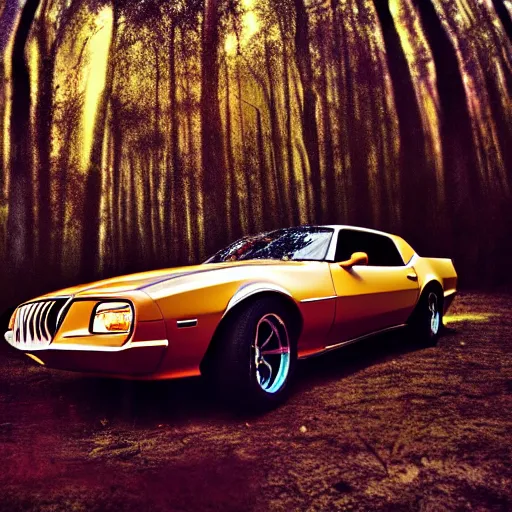 Image similar to pontiac firebird with angelic wings, dramatic, cinematic, forest, volumetric lighting