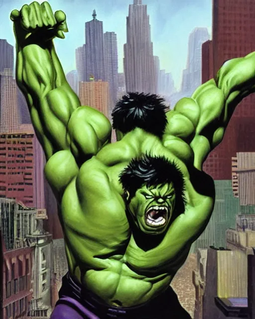 Prompt: a moody oil painting of the incredible hulk looking angry at noon in a city by alex ross.