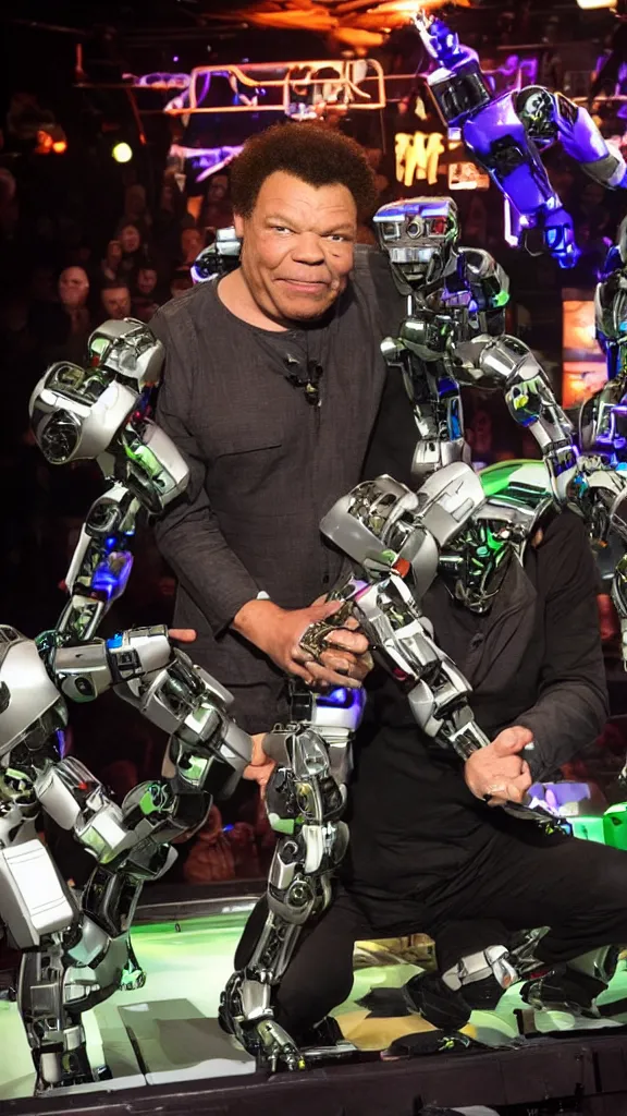 Image similar to craig charles engaged in hand to hand combat with one of the robots on robot wars uk