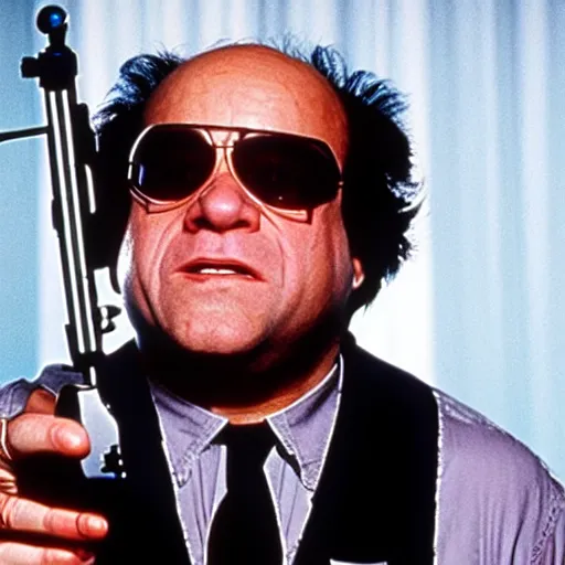 Image similar to a screenshot of Danny Devito playing The Terminator (1980s)