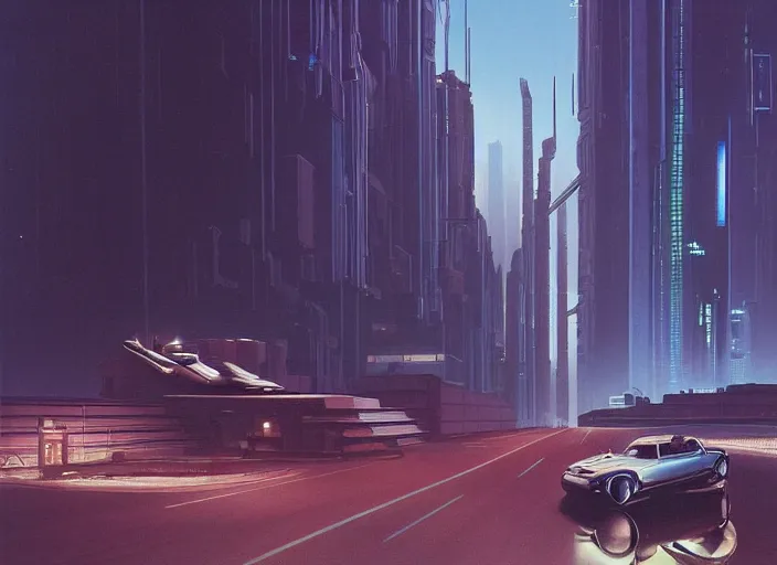 Prompt: a car driving down a street next to tall buildings the night at noon, cyberpunk art by Chesley Bonestell, cgsociety, retrofuturism, matte painting, reimagined by industrial light and magic