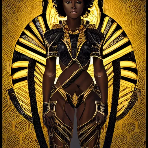Prompt: Portrait of a beautiful black woman with symmetrical features, standing in gilded black and gold armour, full body, intricate detail, high fantasy, manga,