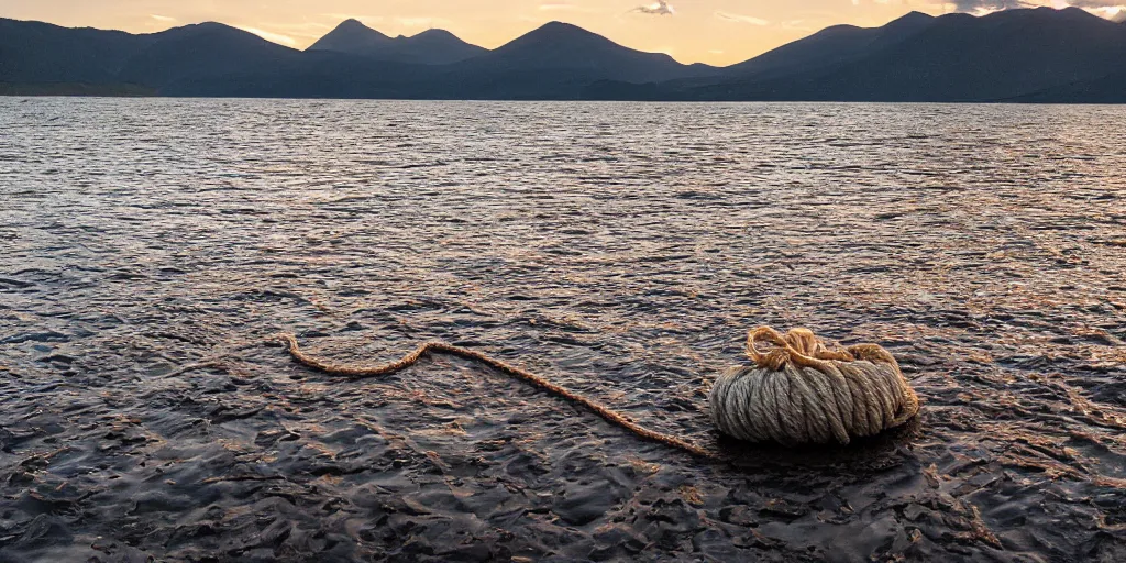 Prompt: a bundle of rope floating in the water in the middle of a lake, a rocky shore in the foreground, mountains in th ebackground, sunset, a bundle of rope is in the center of the lake, eerie vibe, leica, 2 4 mm lens, 3 5 mm kodak film, directed by charlie kaufman, f / 2 2, anamorphic