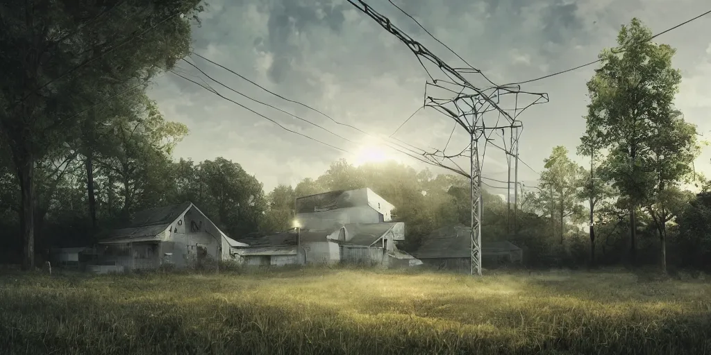 Image similar to large white sci-fi building with power lines running to it, next to farm fields and trees, art station, digital art, art station, volumetric lighting, extremely detailed, trending