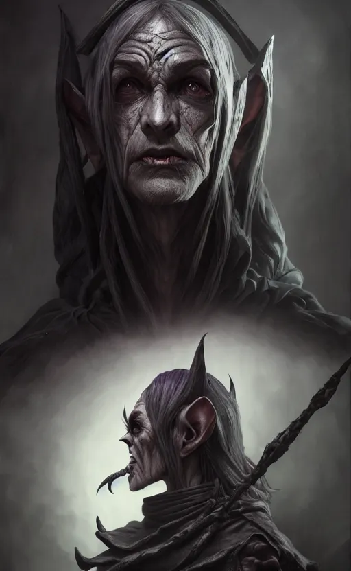 Image similar to legendary creepy dark elf wizard, highly detailed, d & d, fantasy, highly detailed, digital painting, trending on artstation, concept art, sharp focus, illustration, global illumination, ray tracing, realistic shaded, art by artgerm and greg rutkowski and fuji choko and viktoria gavrilenko and hoang lap