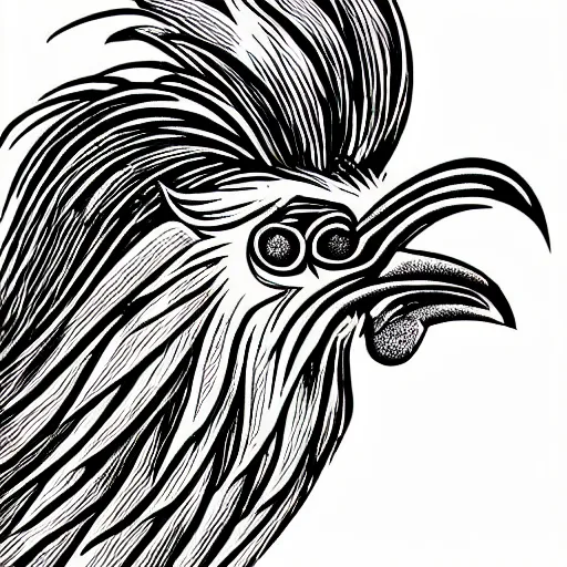 Prompt: wood engraving print of a rooster