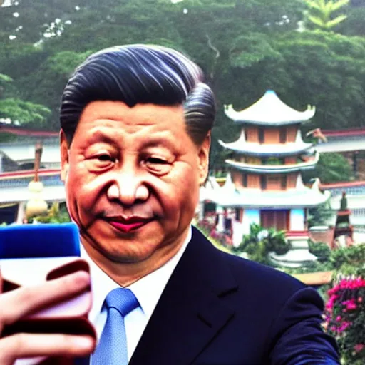 Image similar to president xi jinping taking a selfie at rizal park, realistic, shot on an iphone