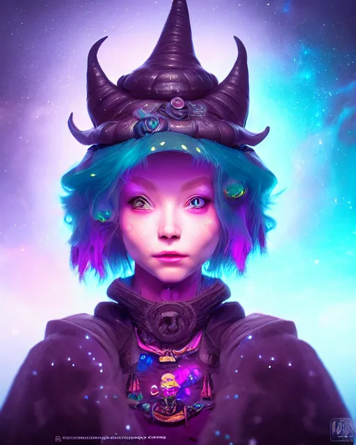 Image similar to ultradetailed rpg character portrait of a cute nebulapunk witch, digital art,, intricate, sharp focus, trending on artstation hq, deviantart, volumetric lighting, unreal engine, octane render