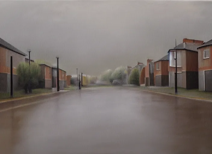 Prompt: oil landscape painting of a British housing estate, ambient light, grey skies and rain, high detail