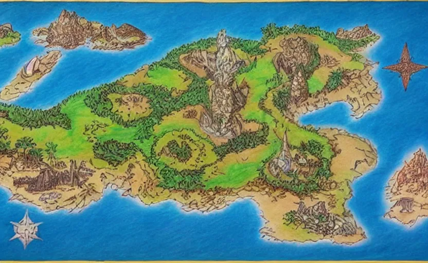 Prompt: fantasy island map, drawn with crayons, detailed