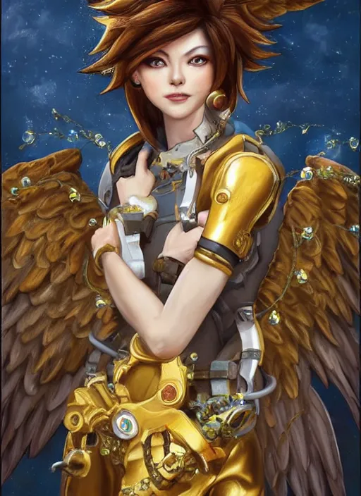 Image similar to full body oil painting of tracer overwatch in the style of sophie anderson, angel wings, angelic golden armor, dramatic painting, symmetrical composition, ornate, golden chains, high detail, gold detailed collar!!!!!, blooming, lights, flowers, detailed face,