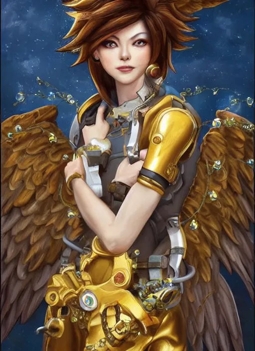 KREA - full body oil painting of tracer overwatch in the style of artgerm,  angel wings, angelic golden armor, dramatic painting, symmetrical  composition, ornate, high detail, gold detailed collar!!!!!, blooming,  lights, flowers