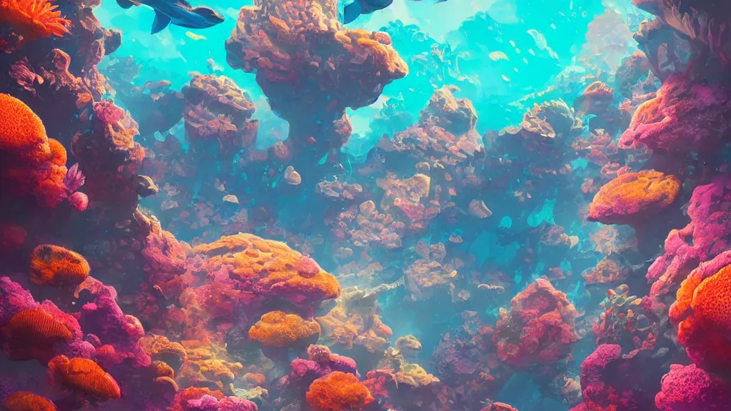 Image similar to ancient alien planet covered in colorful coral reefs and fish swimming around them, by sylvain sarrailh, rossdraws, ambient light, ultra detailed, fantasy artwork, 8 k, volumetric lighting, trending on artstation, award winning, beautiful scenery, very beautiful.