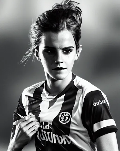 Image similar to a portrait of emma watson as a lokomotiv football player, hyper realistic