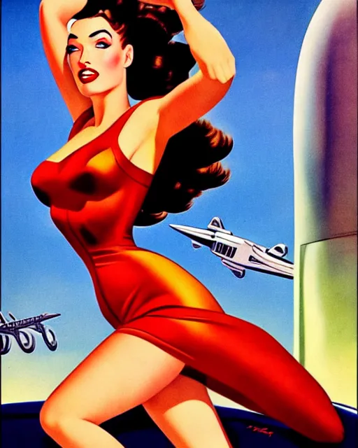 Image similar to beautiful retro space megan fox varga girl posing on a car in diesel punk city, windblown dark hair, retro pinup model, seductive, 1 9 4 0, hyper detailed, digital art, smooth, sharp focus, alberto vargas,