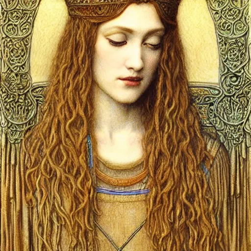 Image similar to detailed realistic beautiful young medieval queen head and shoulders portrait by jean delville, art nouveau, symbolist, visionary, gothic, pre - raphaelite