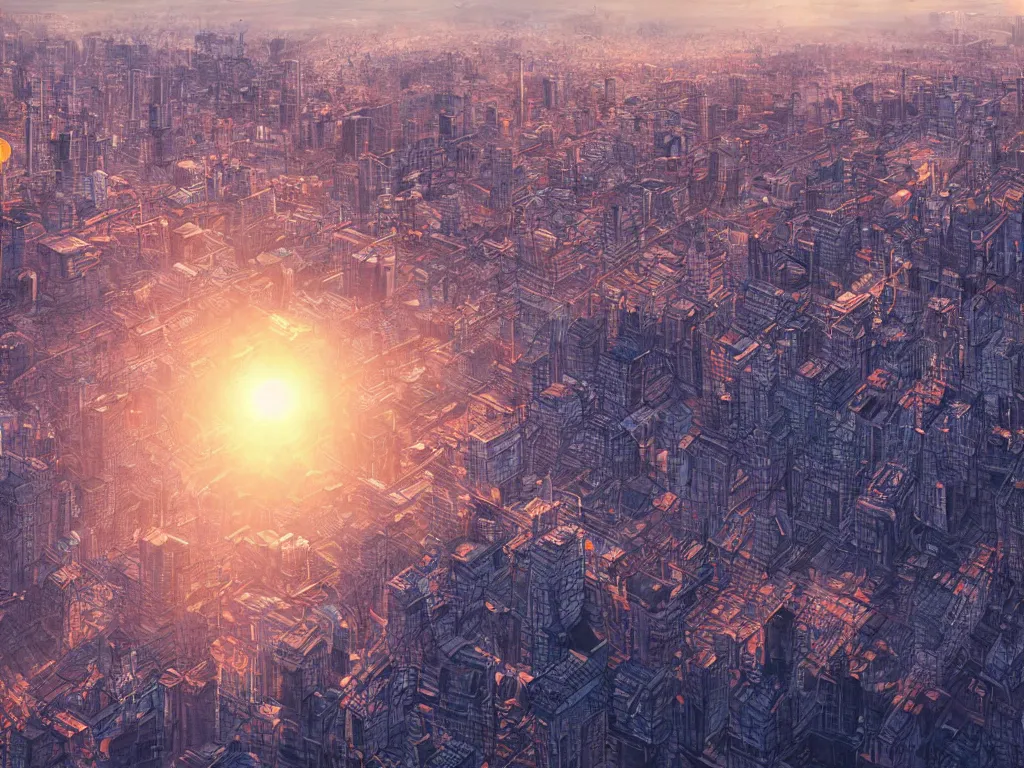 Image similar to birdseye view of a sunrise over a city, art by yoshitaka amano and alena aenami, cityscape
