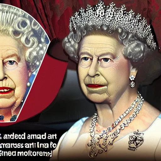 Prompt: baked beans oozing out of queen Elizabeth the second's mouth