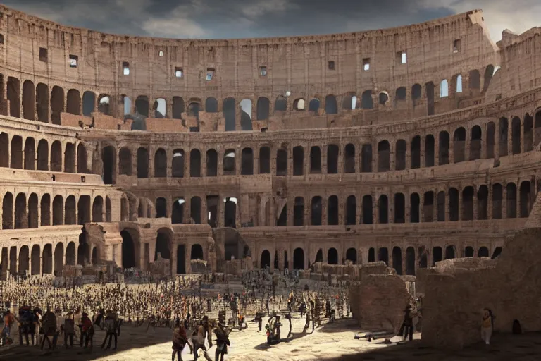 Prompt: Colosseum interior in the 1700s with two fighters in the middle and crowds cheering in Yemen, light fixtures. unreal engine. 8K. detailed. photorealism. artstation. digital render. ultra realistic