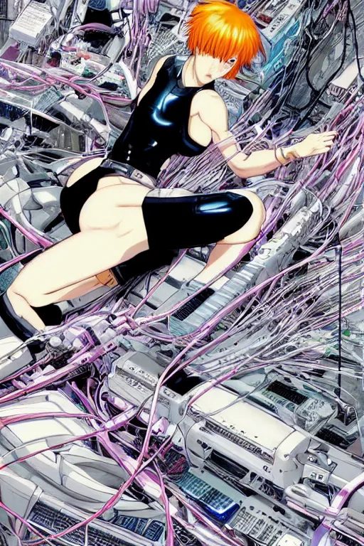 Image similar to coherent motoko kusanagi kneeling on a white in style of masamune shirow, empty floor, with a mess of wires and cables coming out of her head and backside, by Yukito Kishiro and katsuhiro otomo, illustration, cyberpunk, hyper-detailed, colorful, complex, intricate, masterpiece, epic