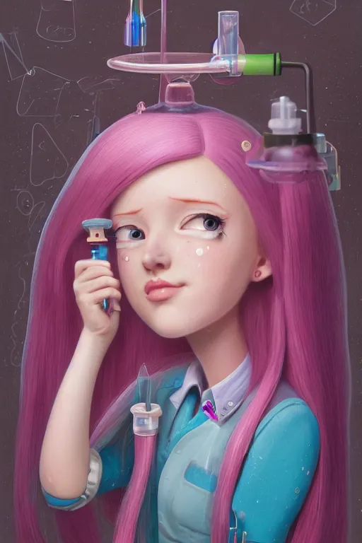 Prompt: highly detailed, industrial photography, profile view of adult princess bubblegum from adventure time, working in her science lab, wearing lab coat, long bubblegum hair, long straight bangs, confident, beautiful, attractive, illustration concept art by nicoletta ceccoli, mark ryden, lostfish, detailed and intricate environment, 8 k resolution, hyperrealistic, octane render