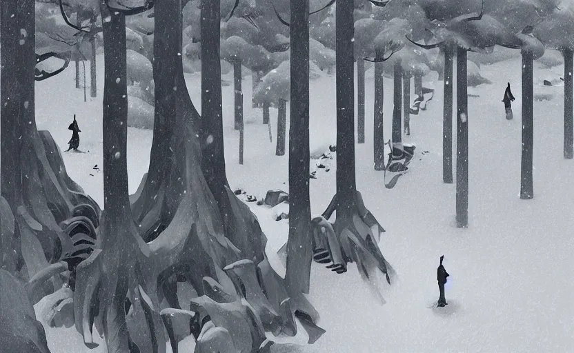 Image similar to a ancient chinese warrior scene in the snowy forest illustration by atey ghailan and escher and edward hopper