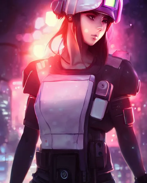 Image similar to nami, anime key visual of a young female swat officer, neon, cyberpunk, futuristic, white clothing, black vest, swat helmet, stunning, highly detailed, digital painting, smooth, soft focus, illustration, 4 k digital art from artstation by artgerm and greg rutkowski and alphonse mucha